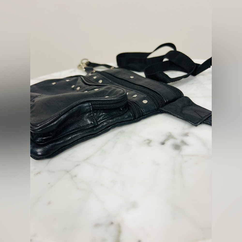 Black Leather Fanny Pack / Motorcycle Waist Bag with Studs - Picture 2 of 13